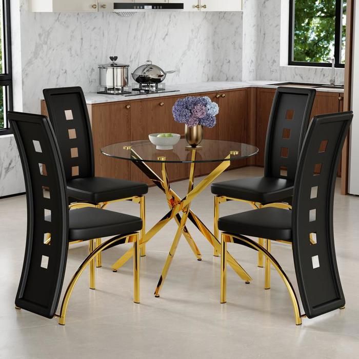 Table à manger avec 4 chaises noires en cuir PU à motif géométrique ajouré Ensemble de salle à manger ronde en verre trempé