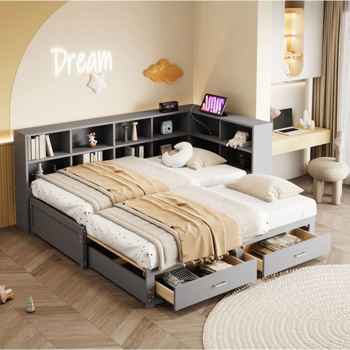 Lit banquette gigogne 90/180x190 cm avec rangements prise multifonction et 2 tiroirs bois gris