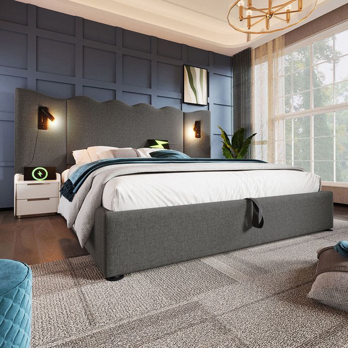 Lit coffre 160x200 cm avec lampe de lecture et port de recharge USB Type-C sommier à lattes en bois massif et métal lin gris