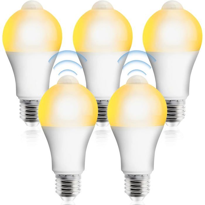 5pc ampoules LED E27 avec détecteur de mouvement ampoule LED avec détecteur de mouvement PIR Lampe 12W blanc chaud 2700K capteur
