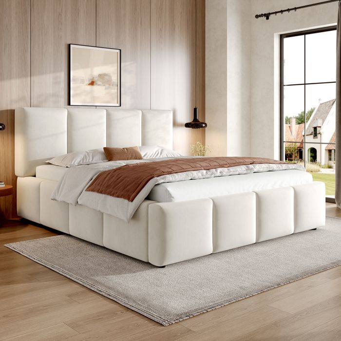 lit adulte double 180x200 avec tête de lit capitonnée sommier inclus chenille beige chambre EVRYAE