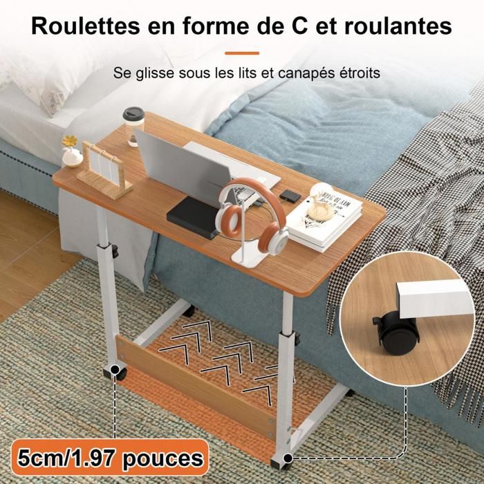 LVHCMFOHM Table Roulante Portable pour Lit Canapé Réglable en Hauteur 62-90cm Table d’appoint en Forme de C 80x40cm Bois