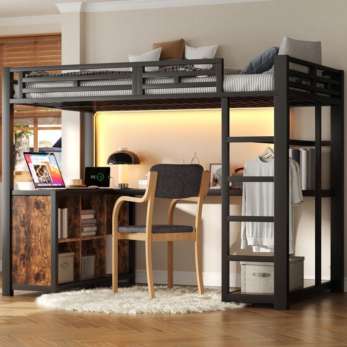 Lit mezzanine enfant 2 places 140x200 cm Lit double en métal avec bureau rangement armoire éclairage LED ports USB - noir