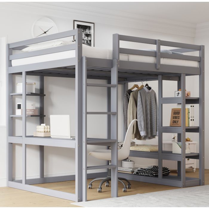 Lit mezzanine 140x200 cm avec bureau et rangement penderie ouverte étagères sommier à lattes bois gris ORVRYN