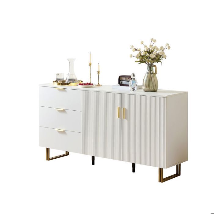 Buffet bas - SOGEU - 2 portes 3 tiroirs - MDF blanc - Poignées alliage aluminium doré - Pieds acier robustes