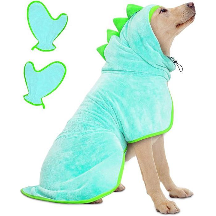 Peignoir absorbant microfibre serviette chien dinosaure bleu L