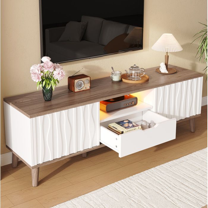 Meuble TV LED 160 x 40 x 52 cm blanc et noyer foncé 2 portes coulissantes niche avec passe-câbles jusquà 70