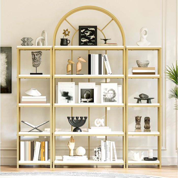 Bibliothèque modulable 3 pièces étagère de rangement ouverte en métal doré et MDF blanc design arche ORVRYN