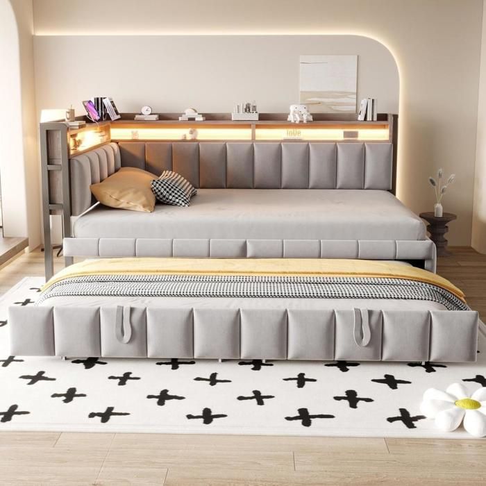 Canapé‑lit - KOMHTOM - Convertible 90x200 - Velours gris - Lit gigogne & LED - USB‑C et rangements