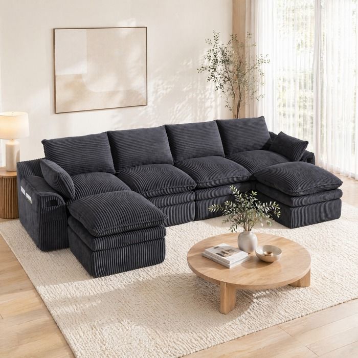 Canapé Modulaire 4 Places avec 2 Poufs et Poches Latérales - BEAUNIV - Coussins Inclus Mousse 3 Couches Velours Côtelé Gris Foncé