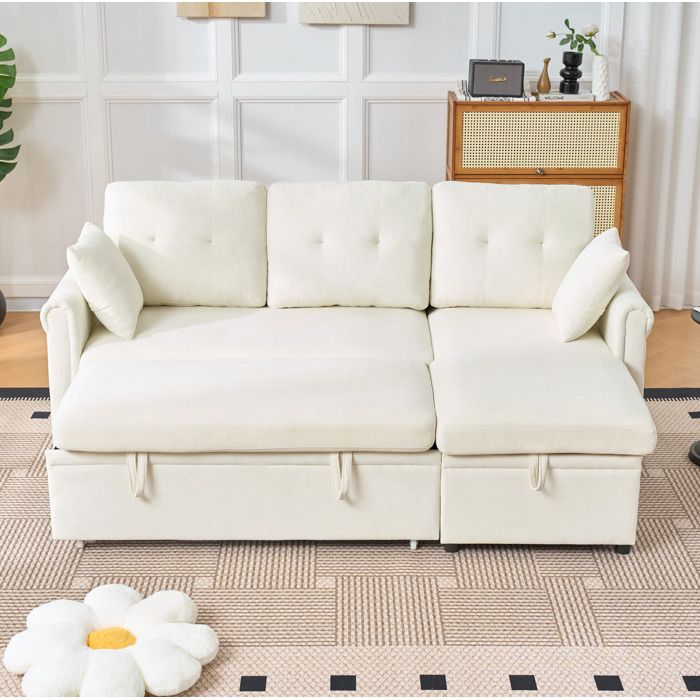 Canapé dAngle Convertible 3 Places avec Coffre et Méridienne Réversible - ELVMI - Poches Latérales Chenille Beige