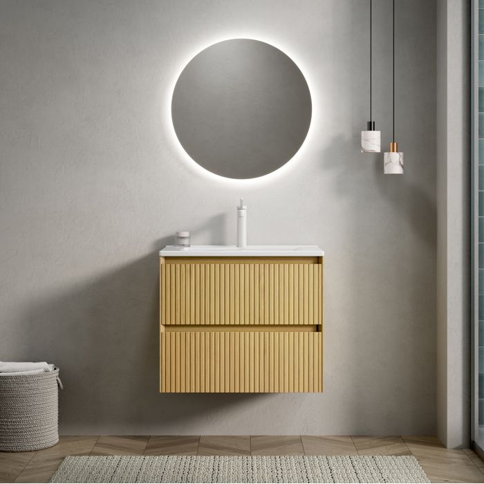 WOVREO meuble sous vasque suspendu 61 cm avec vasque intégrée en céramique blanche 2 tiroirs chêne doré