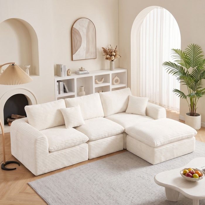 Canapé dangle en L modulable canapé 3 places velours côtelé avec pouf modulable style scandinave sans montage beige