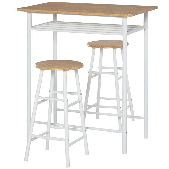Table haute SENVIRO industrielle 3 pieces 80 x 50 x 90 cm MDF et acier blanc et aspect chene 2 tabourets de bar