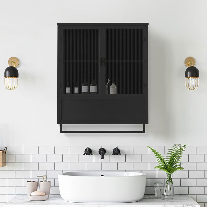 Armoire murale - WESTYLE - 60 cm - Portes vitrées - 2 niveaux & étagère ouverte - Porte-serviettes - Métal/Verre