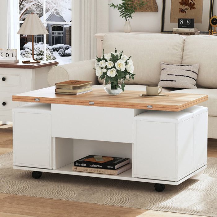 Piaenon - table basse relevable 100×100×635 cm avec 4 places assises plateau dépliable quatre roulettes blanche.