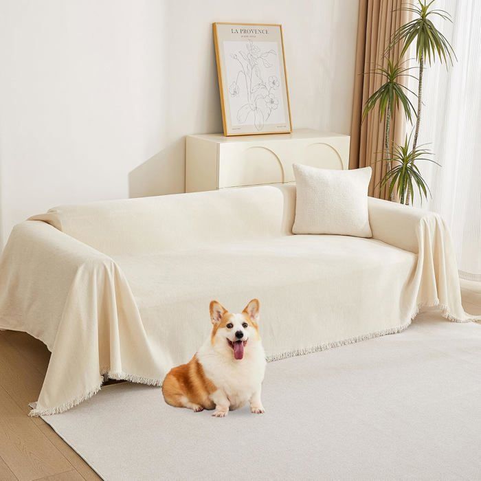 Housse de canapé beige 1/2/3/4 places - 180 x 300 cm - protection anti-rayures - tissu doux lavable en machine