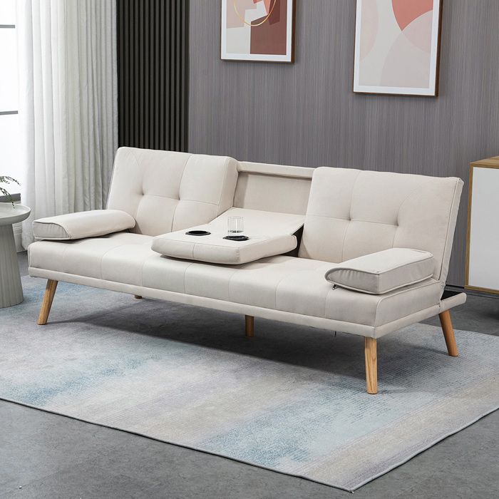 Canapé convertible - CRESTA - Canapé 3 places - Tissu lin beige - Dossier 3 positions - Porte-gobelets & 2 coussins Canapé convertible - CRESTA - Canapé 3 places - Tissu lin beige - Dossier 3 positions - Porte-gobelets & 2 coussins