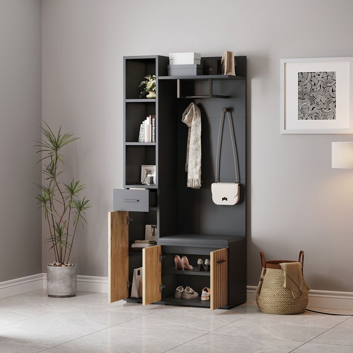 Meuble dentrée - ZEVKOR - Multifonction - Penderie - Banc rembourré - 80x35x175 cm