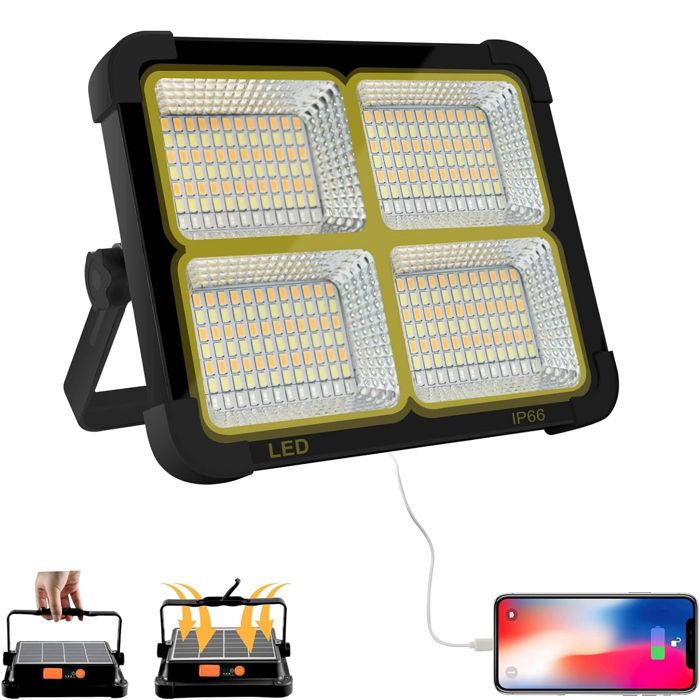 Projecteur LED rechargeable 100 W 10 000 lm lampe de travail portable avec panneau solaire batterie rechargeable USB 16 500 mAh.