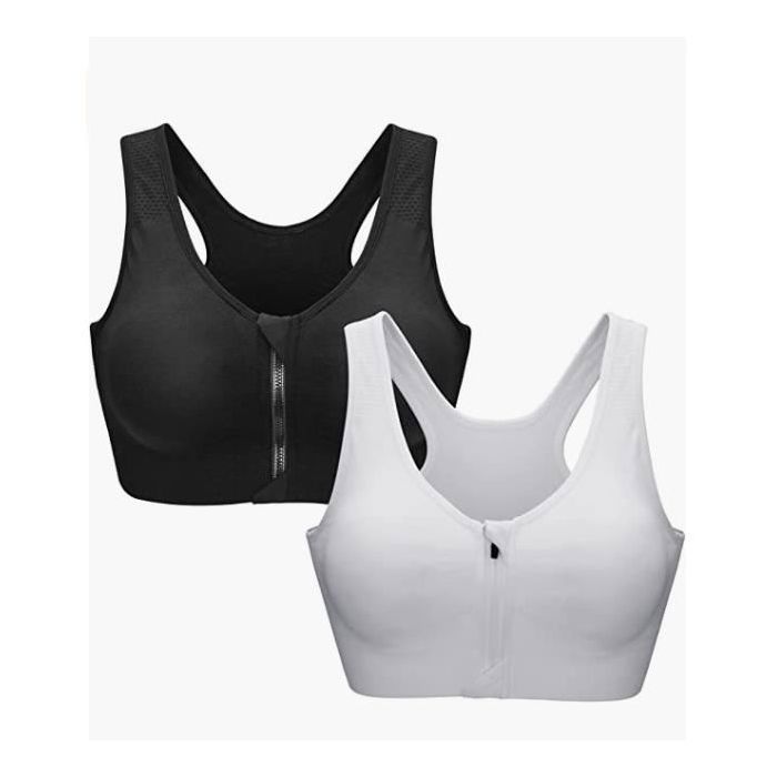 Femme Soutien-Gorge de Sport Zippe Devant Push Up Bra Brassire sans Armature Rembourr pour Jogging Yoga Fitness blanc noir blanc