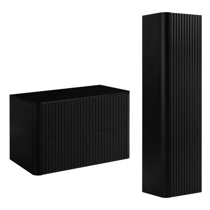 Ensemble meuble de salle de bain - 3XE LIVING - Meuble 80 + colonne haute - Noir - Plan pour vasque - 2 tiroirs soft-close