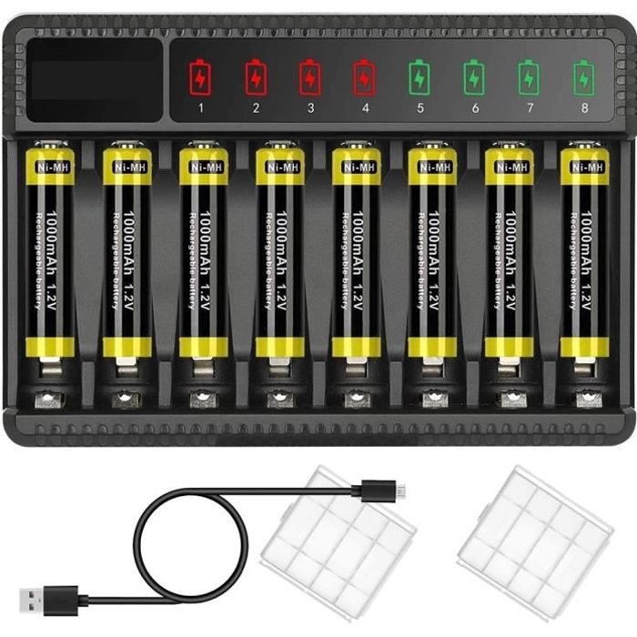 Chargeur Piles Rechargeables AA et AAA avec 4 Piles AA Minh Rechargeables  incluses | 100% PEAKPOWER | Chargeur Rapide avec USB 4 emplacements + 4