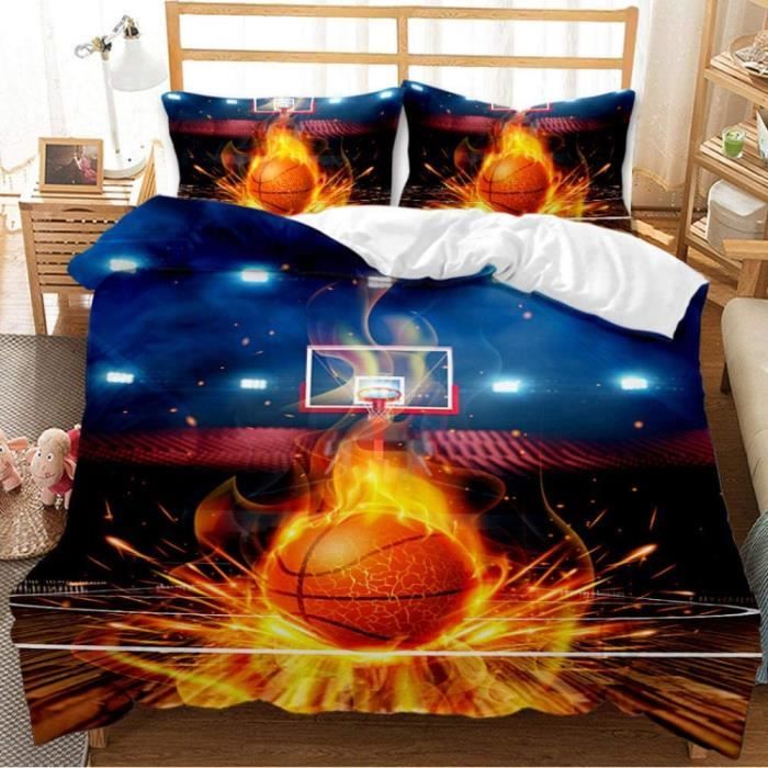 Parure Drap Basket-Ball De Feu De Terrain De Basket Ensemble De Housse De Couette avec 2 Taies doreiller 140x200cm[559]