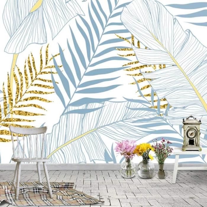 Papier Peint Intissé Bleu Or Plantes Feuilles Papier Peint Effet 3D ...