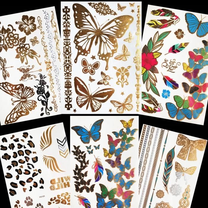6 Morceaux Filles De Papillon Métalliques Or Poignet Tatouage Temporaire Autocollant Femmes Bras Tatouage Flash Art Du Corps Plume