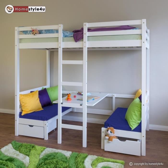 Lit Enfant Mezzanine Superpose Blanc 90x200 Pin Massif Bureau Avec Coussins Bleue Achat Vente Lit Mezzanine Lit Enfant Mezzanine Cdiscount