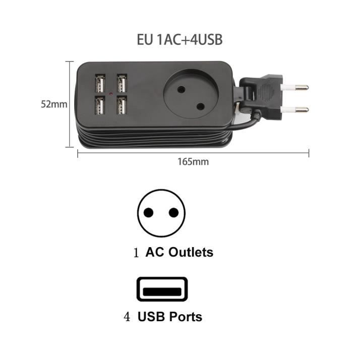 1AC4USB noir - Multiprise de voyage Portable ue 1200W, adaptateur, rallonge  de 1.5m, 4 ports USB, 1 prise ca