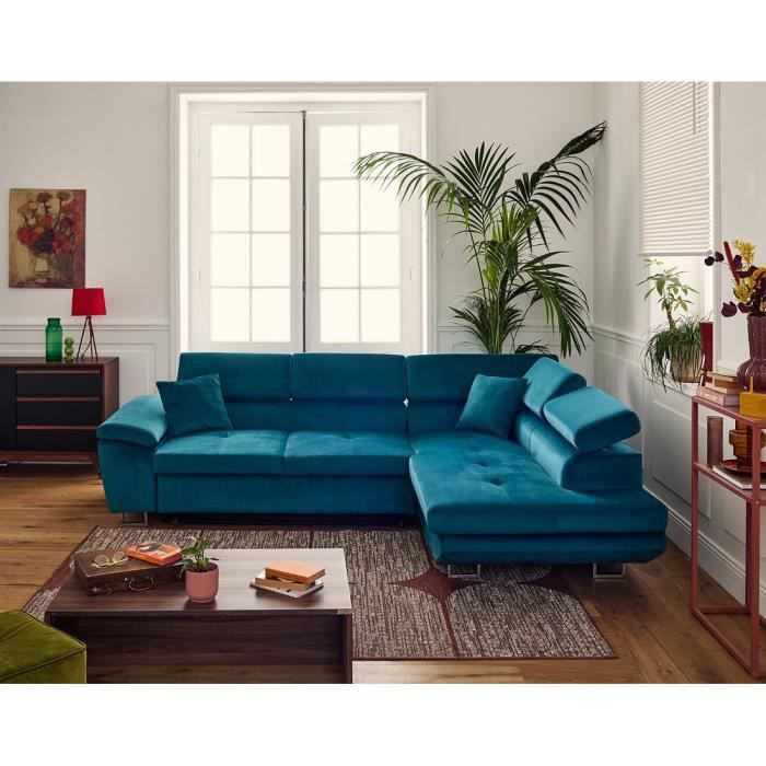 Canapé d'angle 5 places Bleu Velours Confort