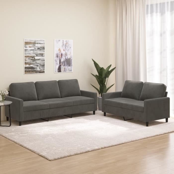 Canapé 2 Places Velours Gris Foncé - Ensemble Salon Confortable, Design Moderne, Cadre Métal - 2