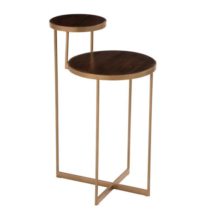 table gigogne ronde 2 niveaux bior en bois de manguier brun foncé et métal doré jaune metal inside75