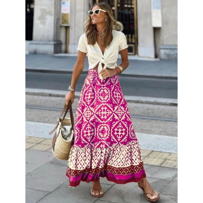 Jastie Jupe longue plissee a imprime floral retro pour femme taille haute ligne A decontracte vacances plage ete Rose D13939 Blanc Cdiscount Pret a Porter