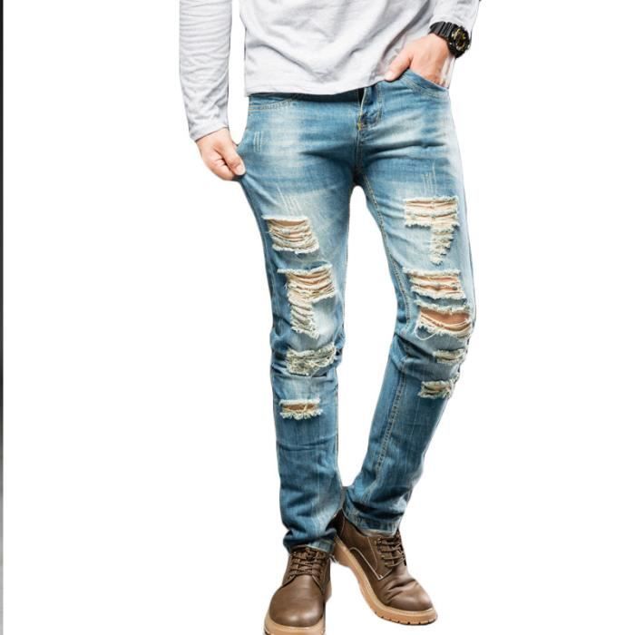 Jeans homme de marque luxe Jeans Trou de slim Personnalite bleu Jeans Nostalgique Pantalon Vetement Masculin Bleu