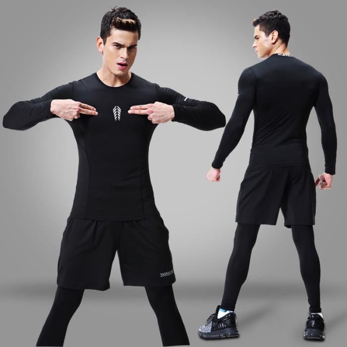 Tenue complete de compression homme 3 pieces Maillot Short Collant Running Fitness Respirant Jogging Sechage Rapide Haute Elasticite