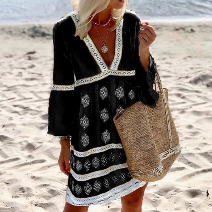 Robe D'été En Lin & Coton - Coupe Ample, Manches Courtes, Col V Boutonné - Tunique Chic Pour Plage, Vacances, Grandes Tailles