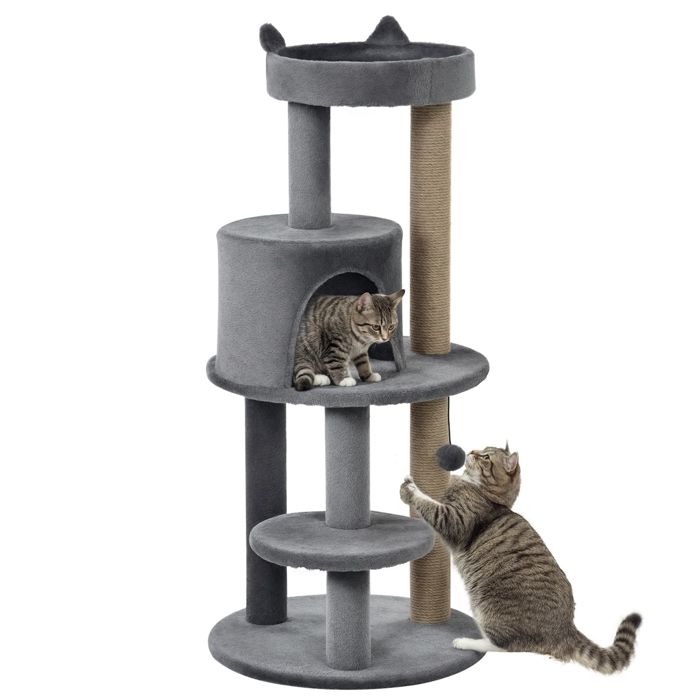 Arbre à chats multi-équipements - PawHut - griffoirs plateformes niche jeu boule suspendue - sisal peluche - Ø48 x 104cm - gris