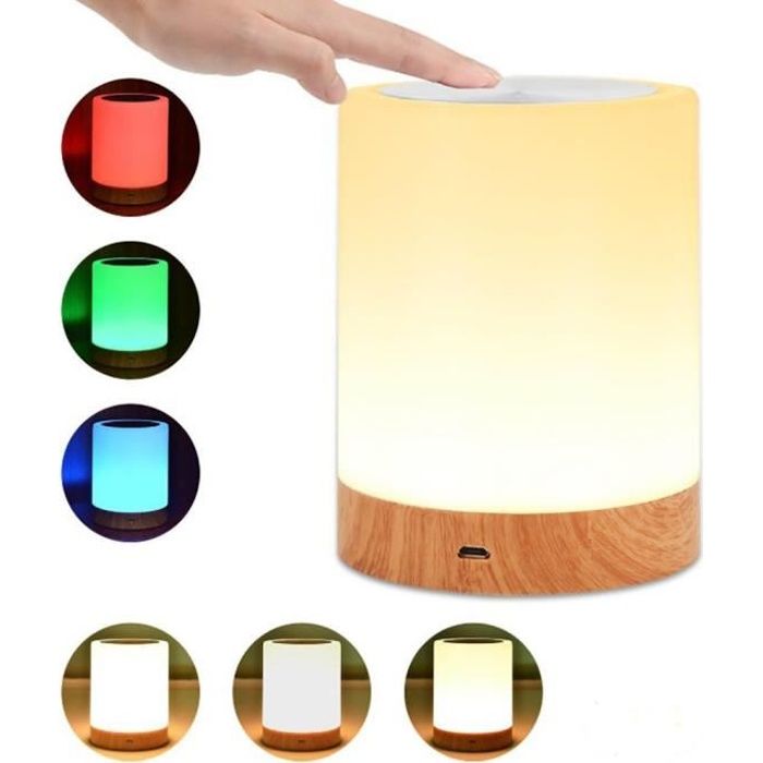 Lampe de Chevet à Capteur en bois Tactile LED Veilleuses USB Ajustable 6 Couleurs Lumière Douce Décorations d'intérieur