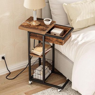 Table Basse HOOBRO Avec Station De Charge - 2 Niveaux, Marron Rustique Et Noir - Idéale Pour Salon, Chambre, Petit Espace