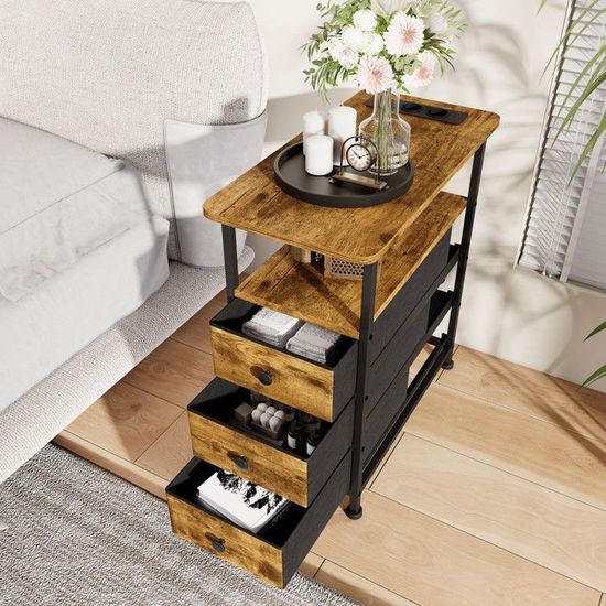 Table D'appoint étroite YEAKOO Avec Charge USB Et Prise - 3 étagères, 55,9 Cm - Pour Petit Espace