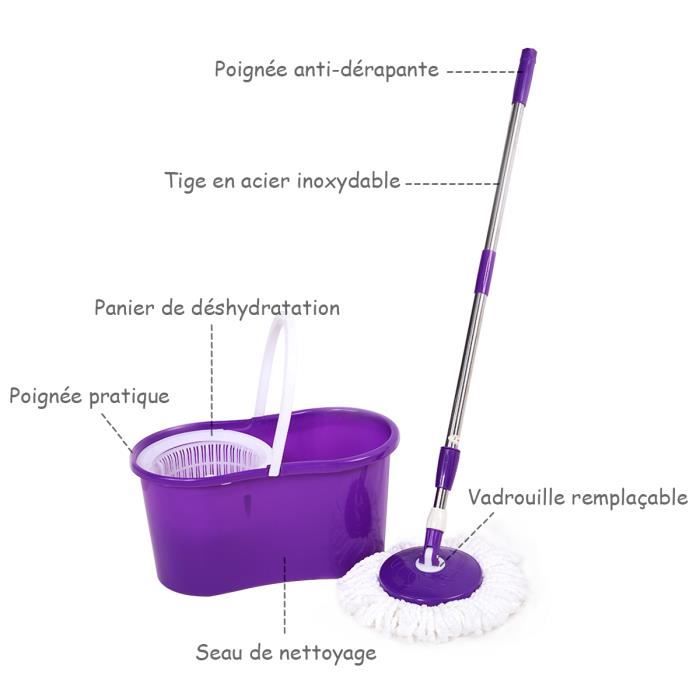 Balai Serpillière Rotatif tournant 360° Jeobest avec seau et essoreuse-Violet  - Accessoires de nettoyage - Achat & prix