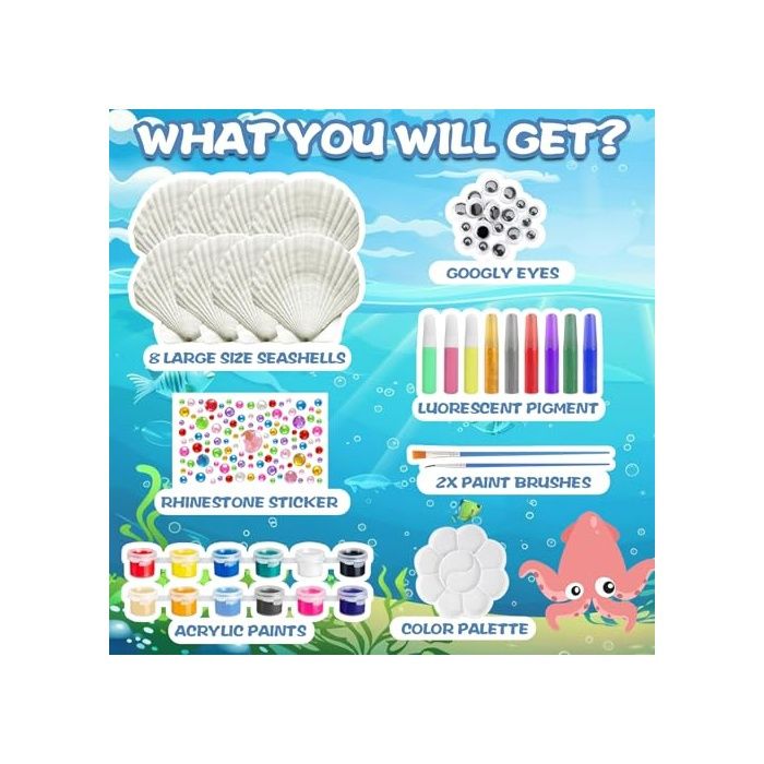 Kit de coquillages à peindre et décorer, kit de bricolage et de peintures, cadeau pour les enfants à partir de 5 ans. Kit de peintures fluorescentes et paillettes avec coquillages très complet Kit de coquillages à peindre et décorer, kit de bricolage et de peintures, cadeau pour les enfants à partir de 5 ans. Kit de peintures fluorescentes et paillettes avec coquillages très complet