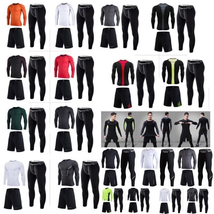 Tenue complete de compression homme 3 pieces Maillot Short Collant Running Fitness Respirant Jogging Sechage Rapide Haute Elasticite