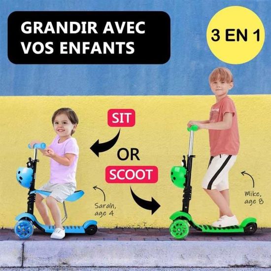 Trottinette 2 en 1 pour enfants avec roues clignotantes, siège amovible, plateau antidérapant élargi et guidon réglable pour filles et garçons de 3 à 12 ans