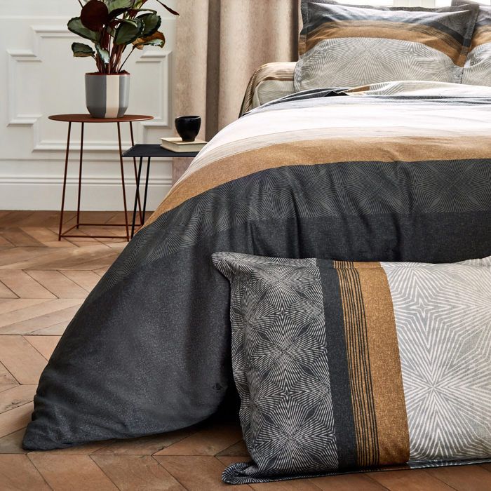 Housse De Couette 140x200 Cm Percale 100% Coton - Motif Rayures Et Géométrique Miel/beige - Linnea