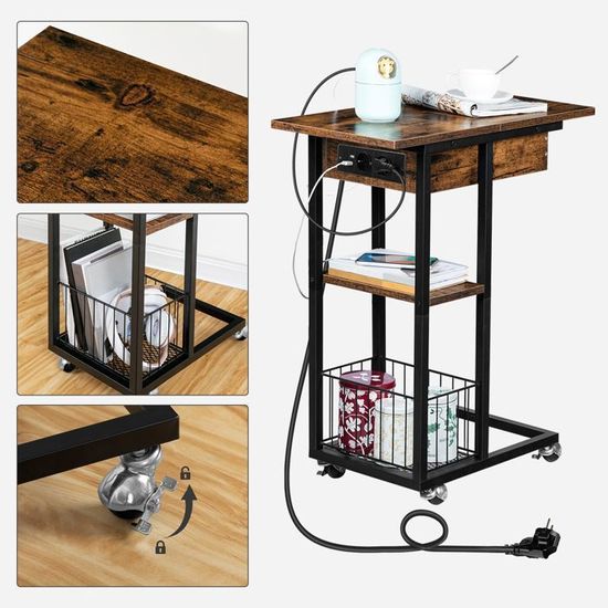 Table D'appoint Ronde Avec Station De Recharge, Petite Table Avec Prise Table Basse Ports Usb Panier En Tissu Salon Chambre A Coucher 93174488