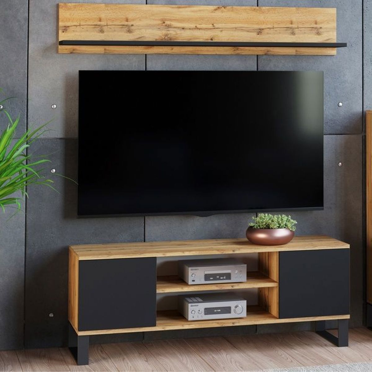 Buffet 4 Portes 150x80x40cm Noir Et Or - Meuble TV Avec Pieds En Métal Et Étagères Réglables - 1